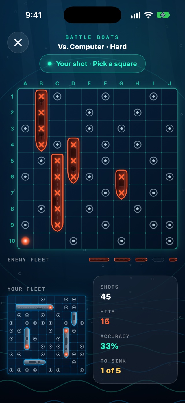Battle Boats game screen: the enemy grid with misses, hits and sunk boats, and your own fleet below