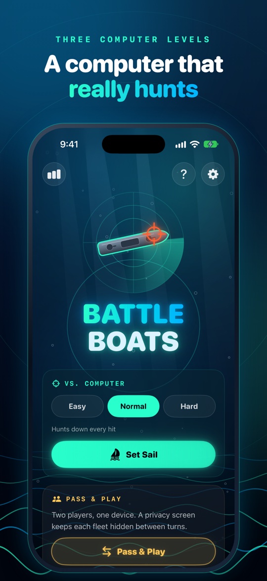 Main menu with Easy, Normal and Hard computer levels and Pass and Play