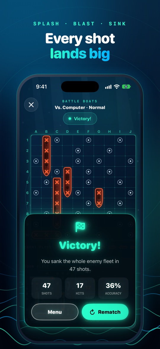 Victory screen with shots, hits and accuracy