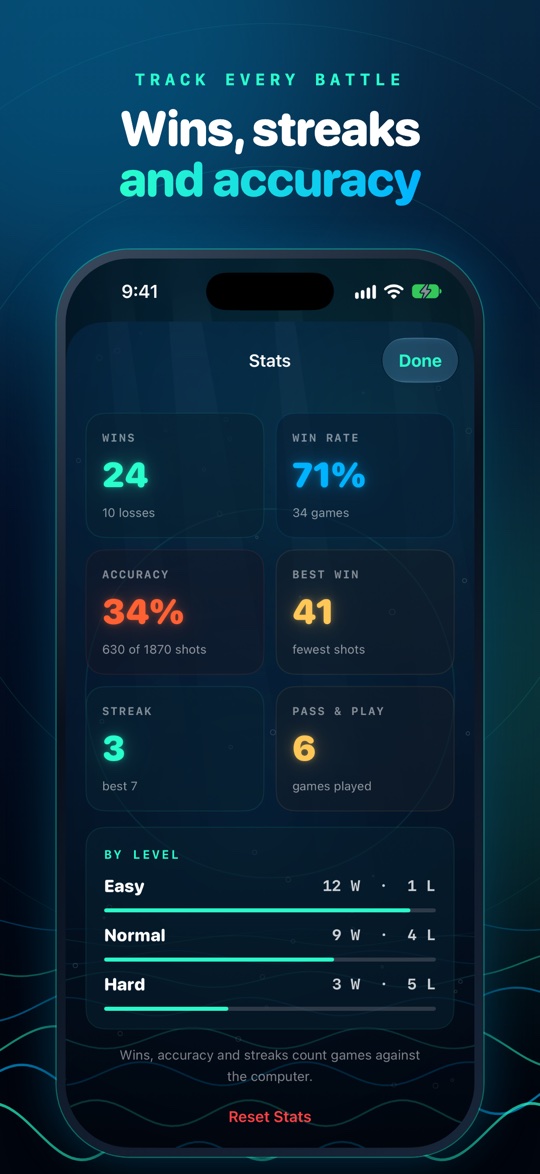 Stats screen with wins, win rate, accuracy and streaks