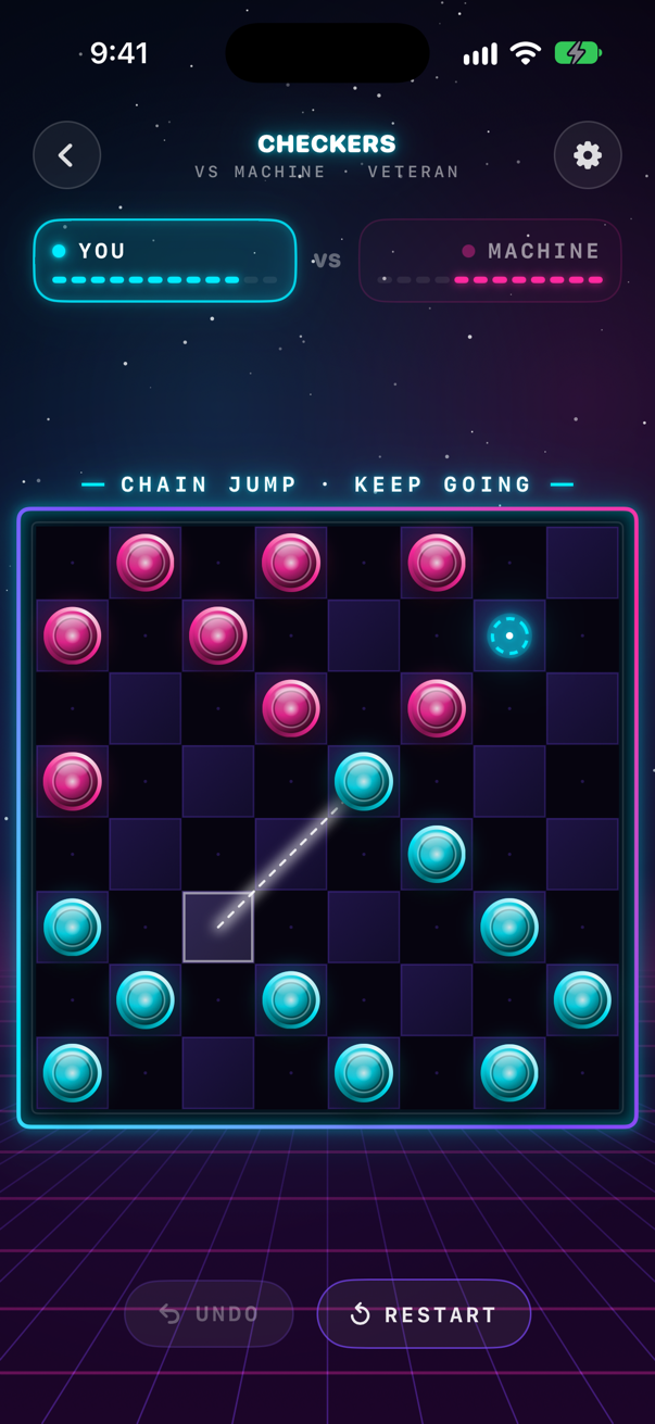 A double jump in progress against the machine, with the next landing square highlighted