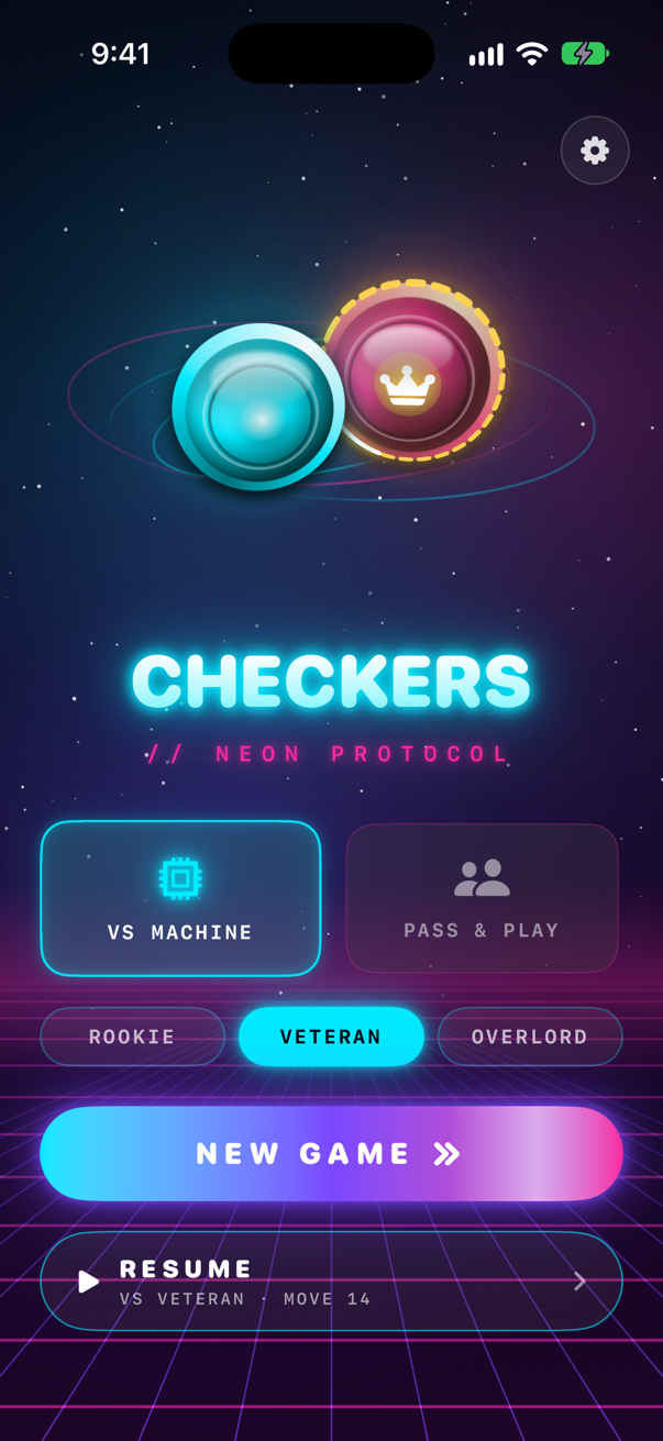 Main menu with Vs Machine and Pass and Play modes, three machine levels and a Resume button