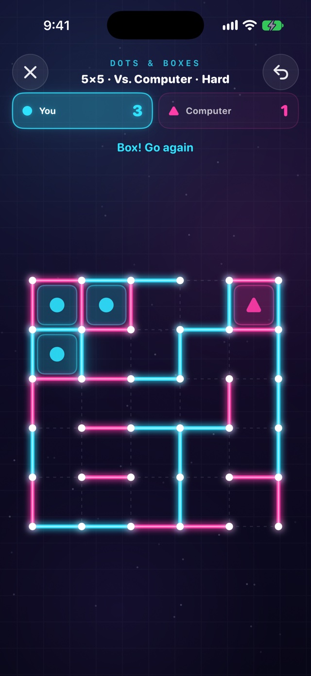Dots and Boxes game screen: a 5 by 5 board with glowing cyan and pink lines and claimed boxes