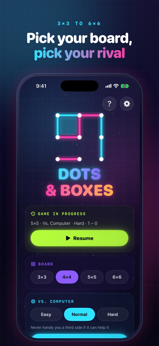 Menu with board sizes, computer levels and a game to resume