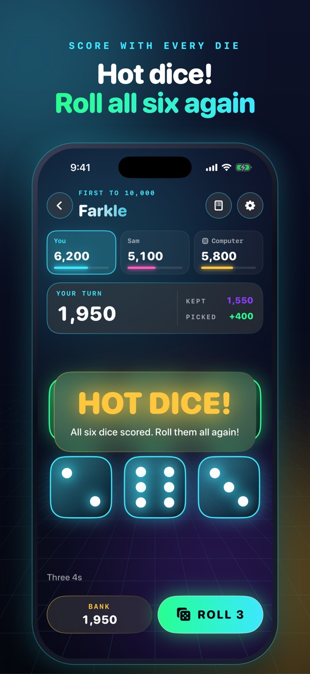 Hot dice: every die scored, so all six roll again.