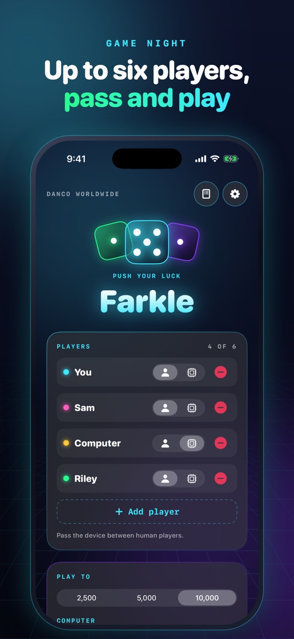 Game setup with four players, a computer level and a target score.