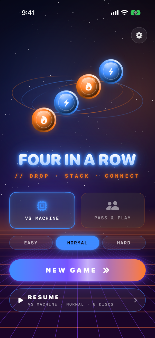 Main menu with Vs Machine and Pass and Play modes, three levels and a Resume button