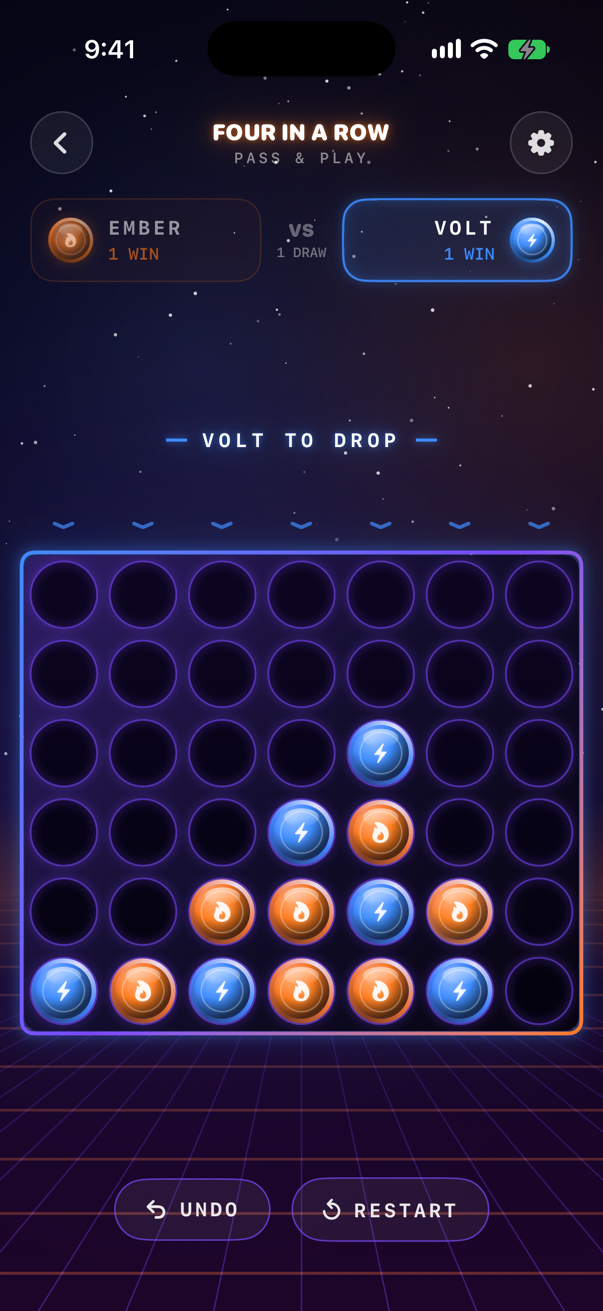 Pass and Play game in progress, Volt to drop, with wins and draws on the scoreboard