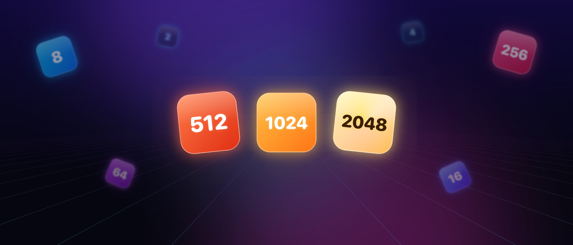 Glowing 512, 1024 and 2048 tiles float above a neon horizon, surrounded by smaller tiles.