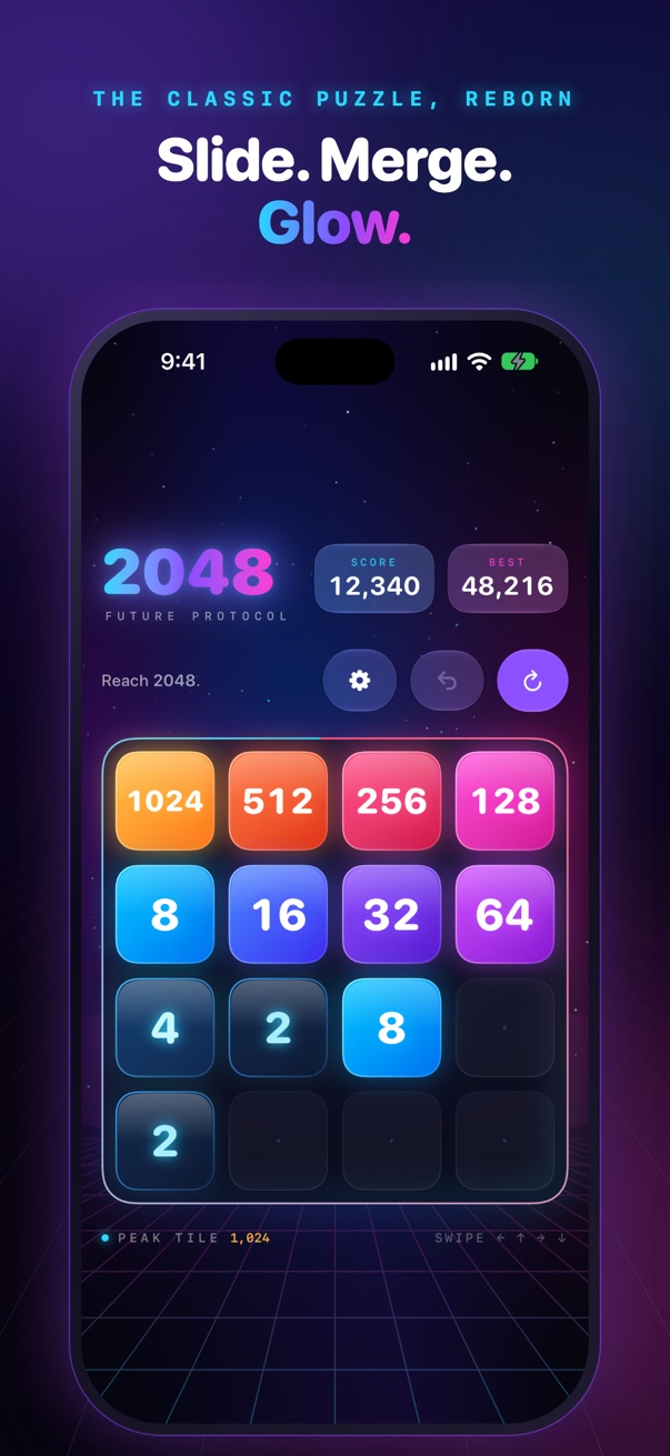Slide. Merge. Glow. Future 2048 on iPhone with a board of glowing tiles from 2 up to 1024.
