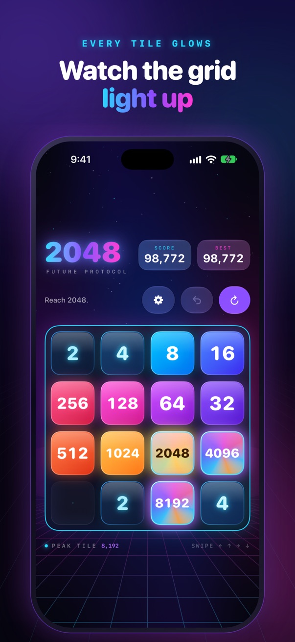 Watch the grid light up: every tile tier from 2 to 8192, each in its own neon color.