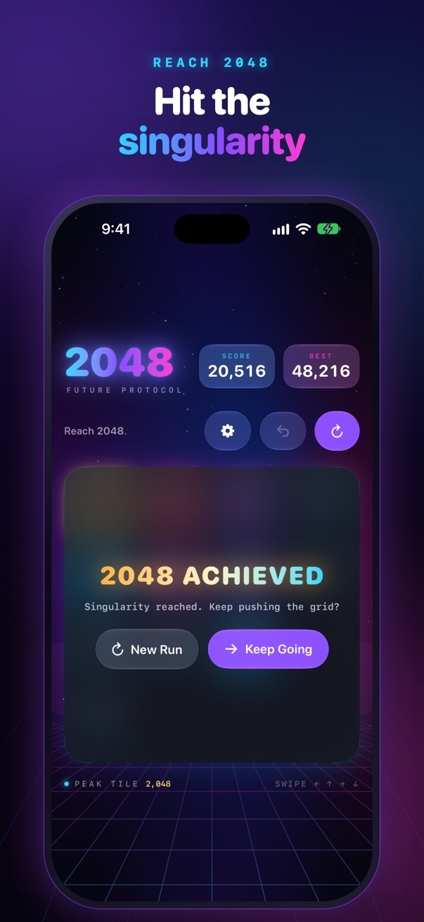Hit the singularity: the 2048 Achieved screen, with buttons to start a new run or keep going.