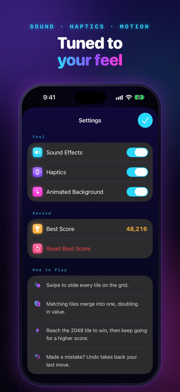 Tuned to your feel: Settings with switches for sound effects, haptics and the animated background, plus your best score.