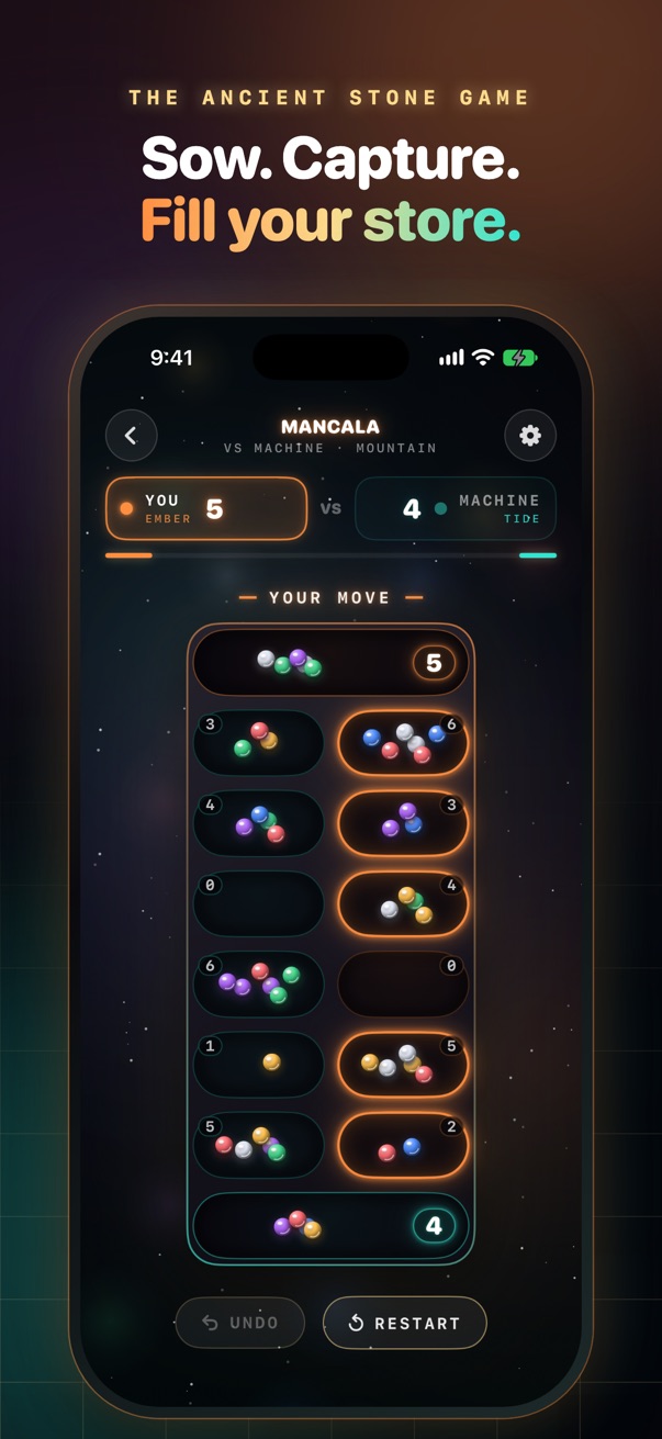 Mancala on iPhone: your move against the computer, with your pits glowing.