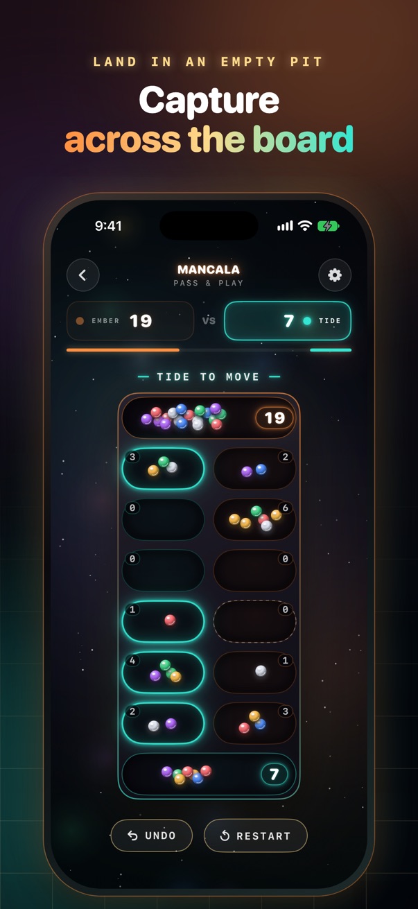 Mancala on iPhone: a capture, sweeping stones across the board into a store.