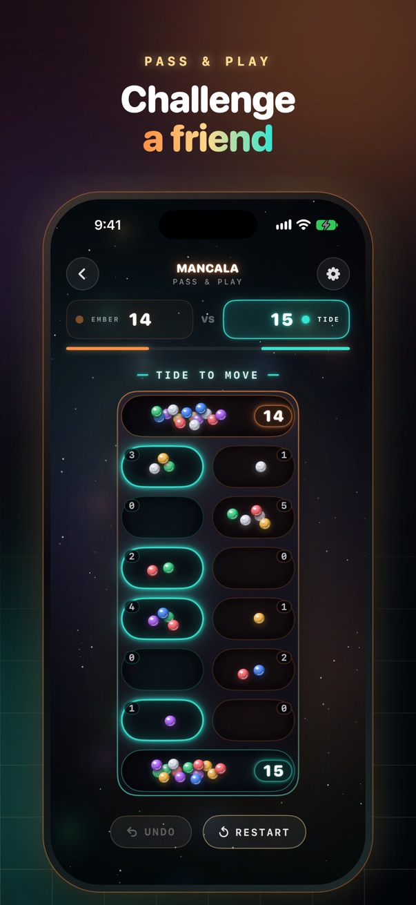 Mancala on iPhone: Pass & Play late in a close game.