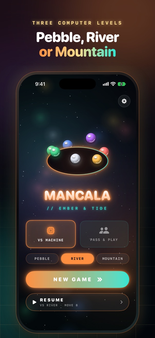 Mancala on iPhone: the main menu with three computer levels.
