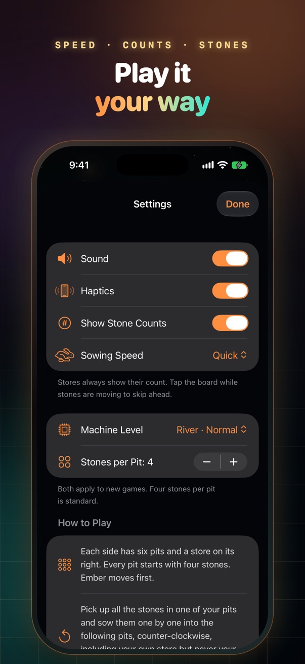 Mancala on iPhone: Settings: sowing speed, stone counts and stones per pit.