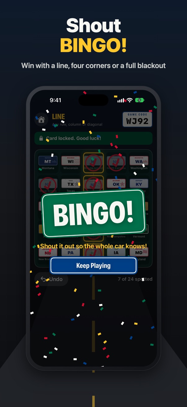 Shout BINGO! A completed column glows yellow under a big green BINGO sign and confetti.