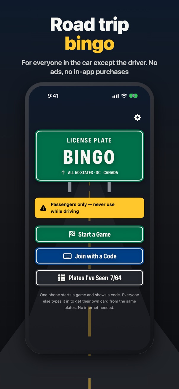 Road trip bingo: the start screen with a green highway sign title and the passengers-only notice.