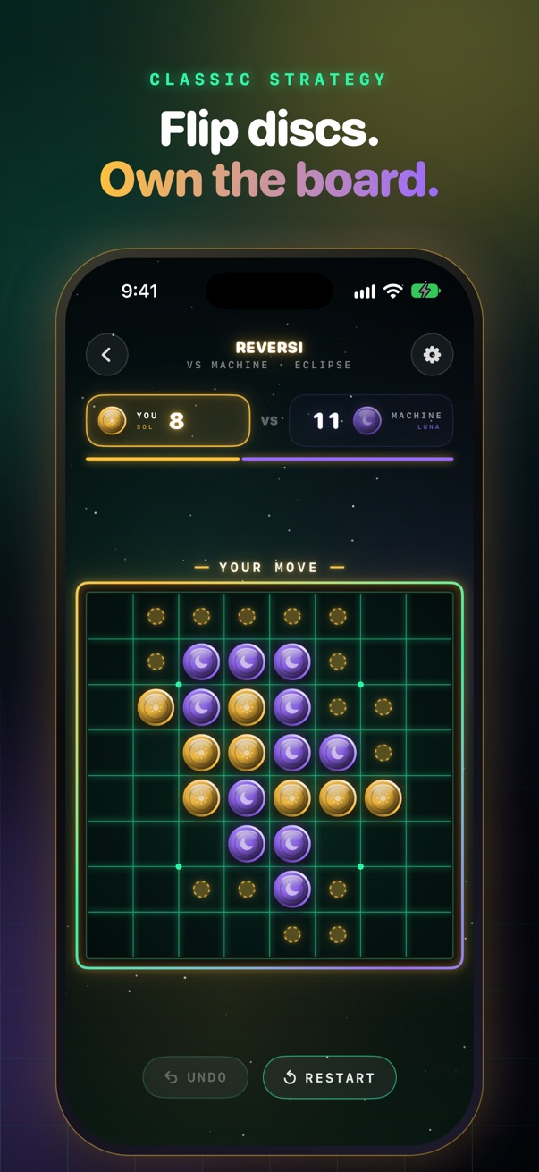 Reversi on iPhone: You against the machine, with legal-move hints on.