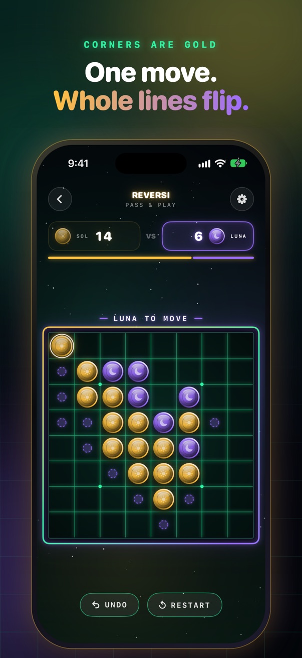Reversi on iPhone: Taking a corner flips a long diagonal of discs.