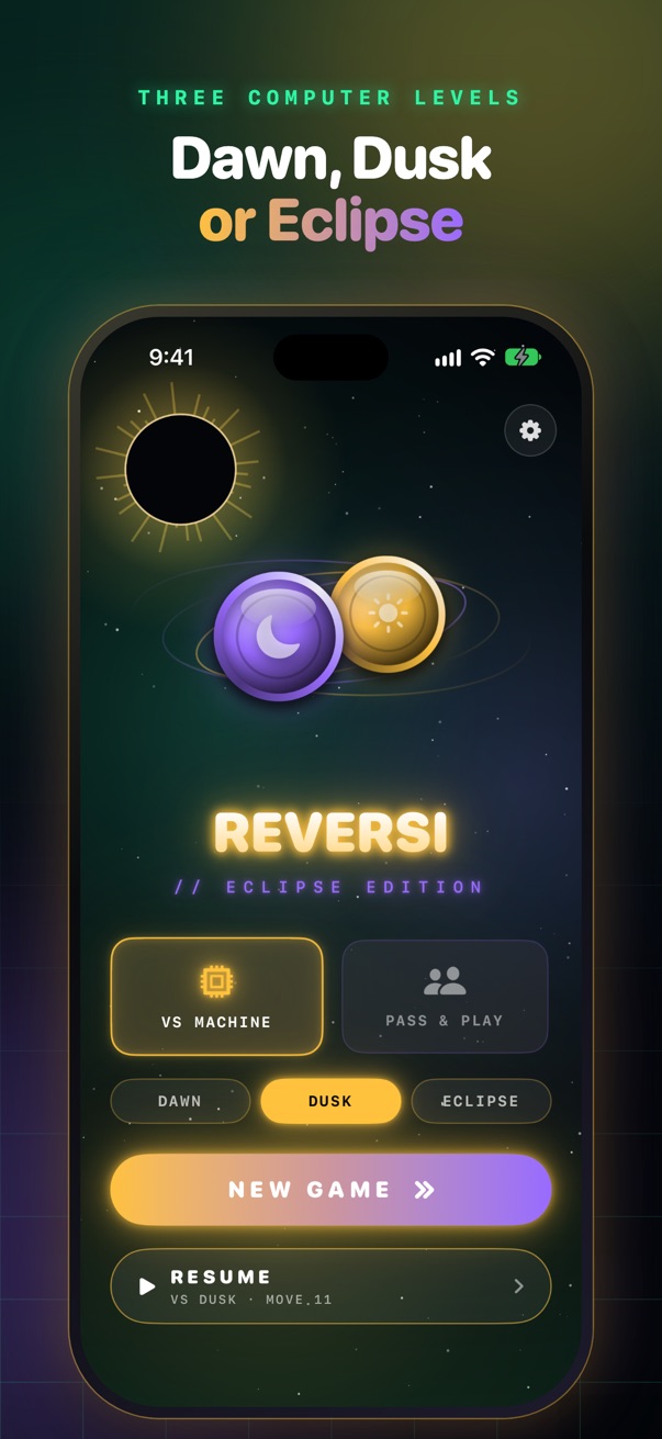 Reversi on iPhone: The main menu: choose a mode and computer level.