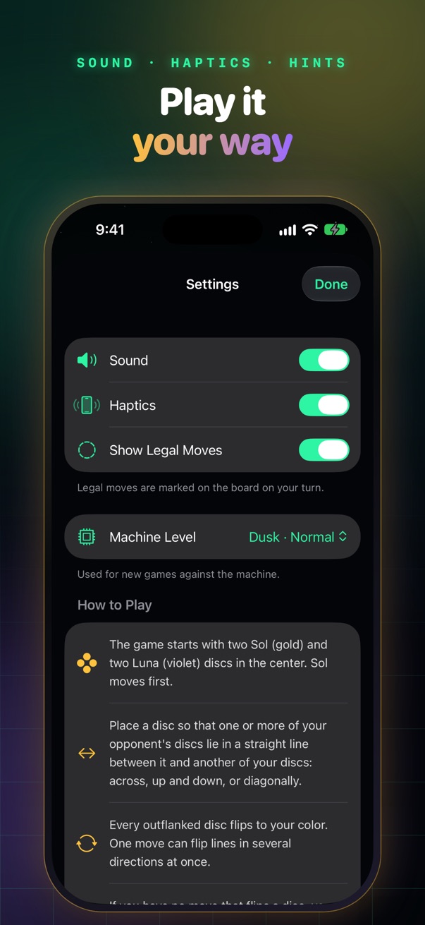 Reversi on iPhone: Settings: sound, haptics, hints and how to play.