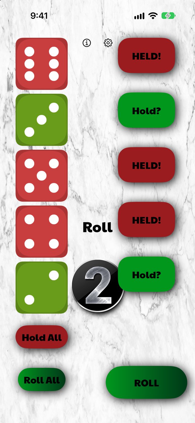 Classic Mode: green and red dice on a marble background