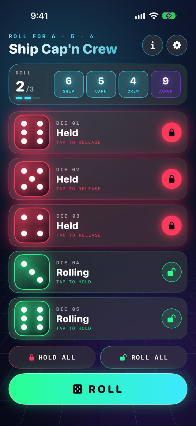 Ship Cap'n Crew game screen with three held dice showing 6, 5 and 4