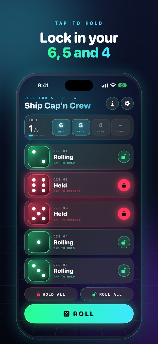 Lock in your 6, 5 and 4 by tapping dice to hold them