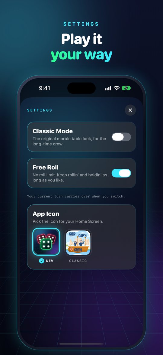 Settings with Classic Mode and Free Roll toggles