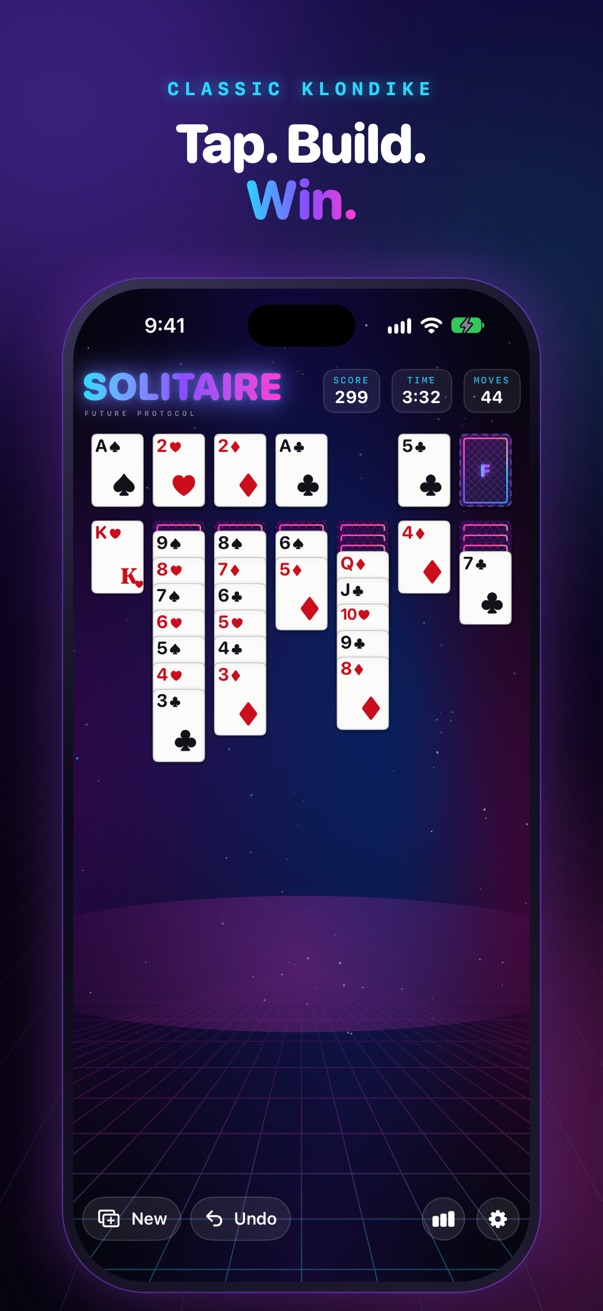 Tap. Build. Win. A game in progress with fanned columns and two aces already home.