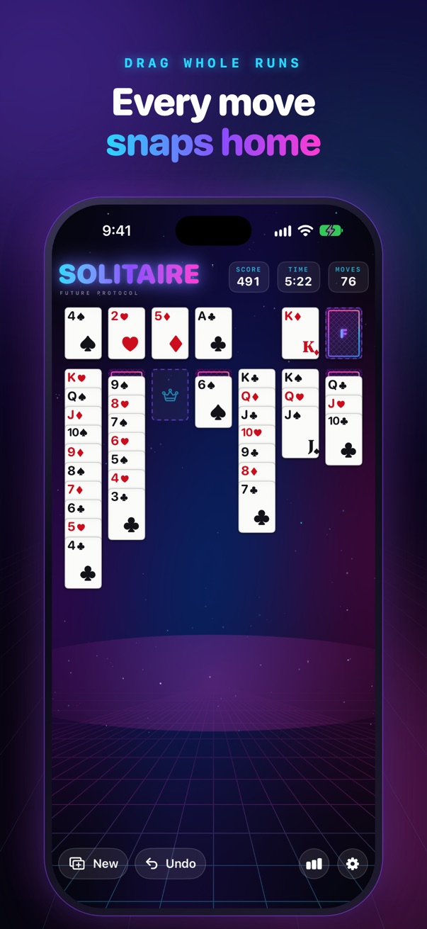 Every move snaps home: long alternating-colour runs built down from kings.