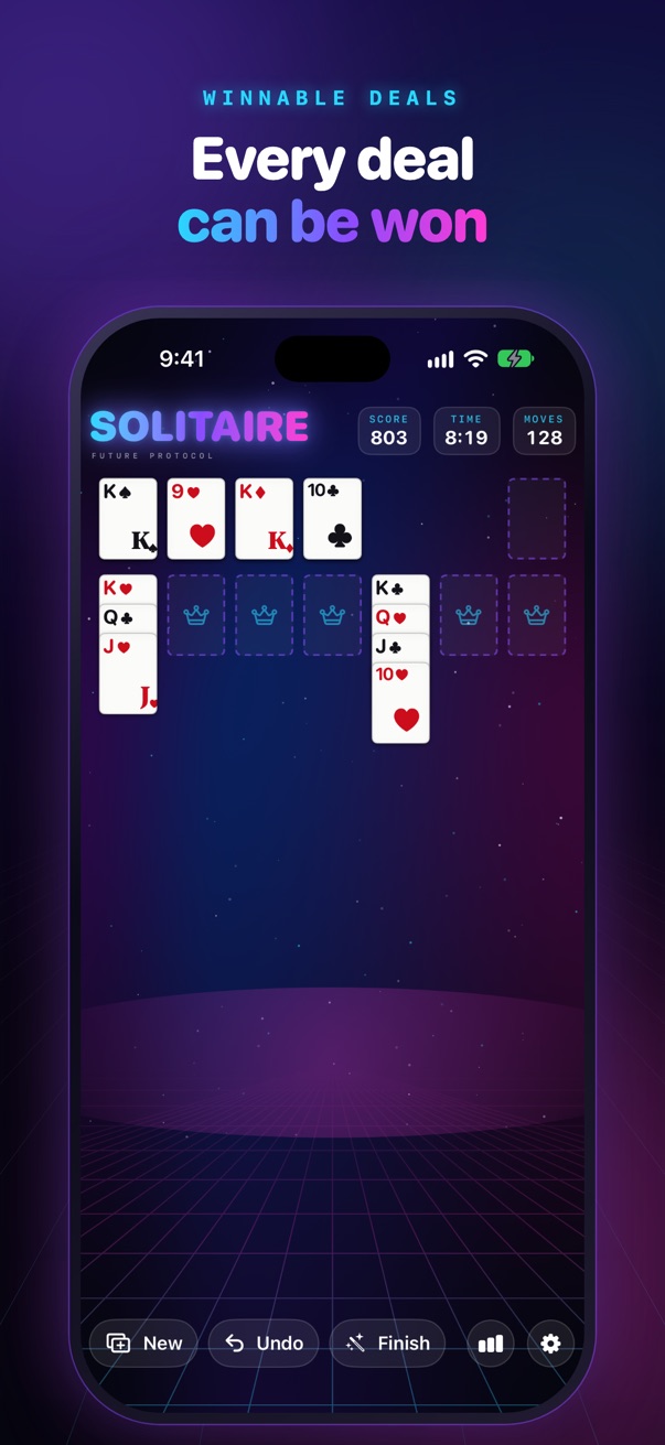 Every deal can be won: all cards face up, with the Finish button ready to play out the win.
