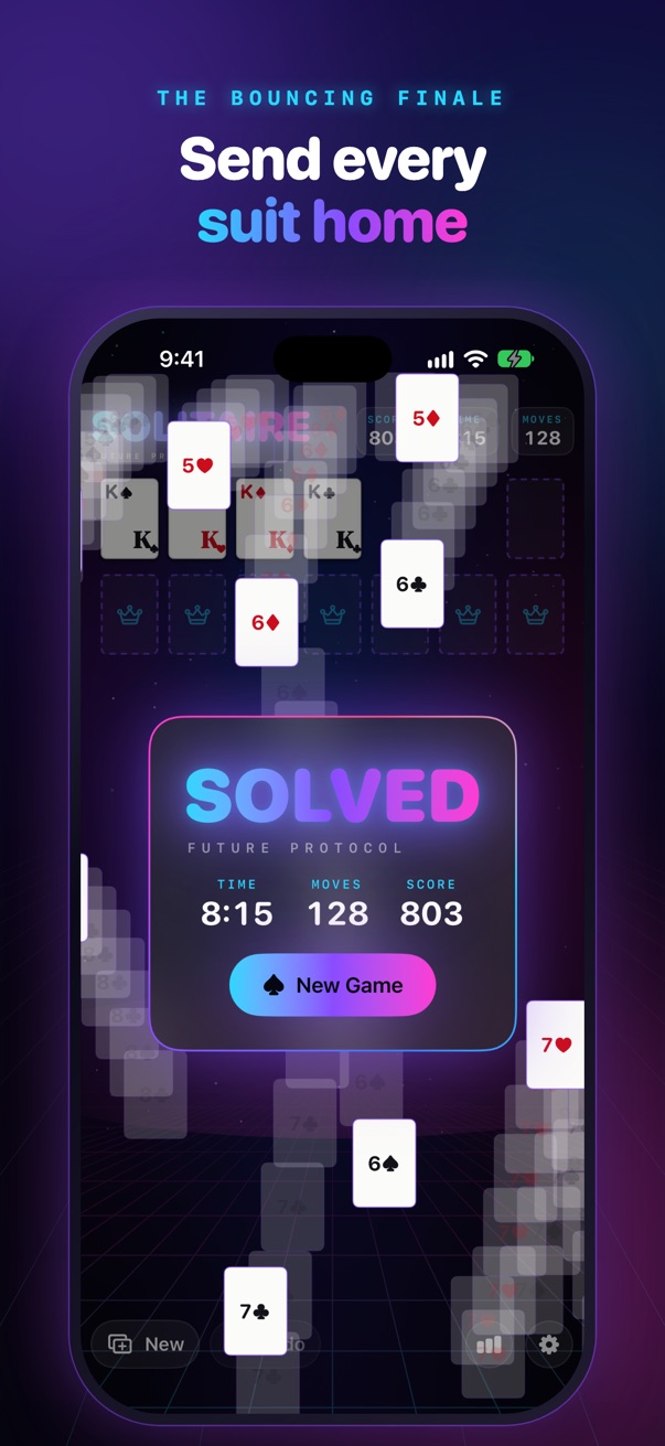 Send every suit home: the Solved screen with time, moves and score over bouncing cards.