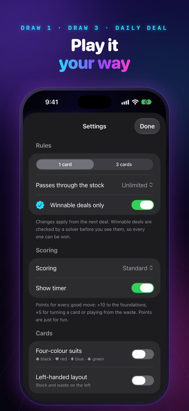 Play it your way: settings for Draw 1 or 3, passes, winnable deals, scoring, four-colour suits and a left-handed layout.